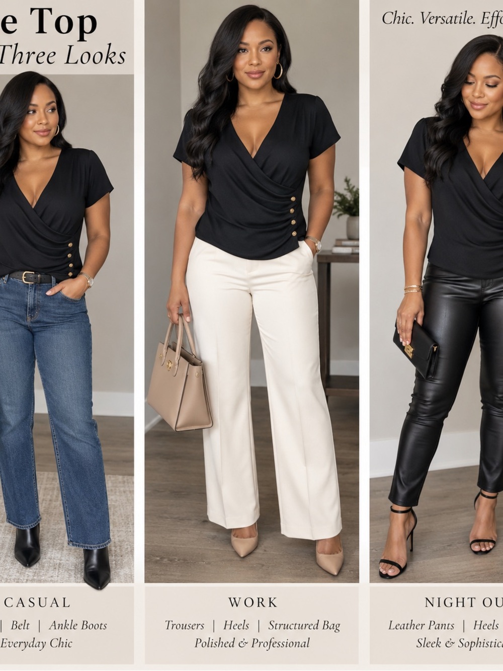 Cable & Gauge Black Wrap-Front Short Sleeve Top with Gold Buttons